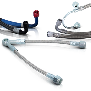 Braided hoses with connectors and clamps for oil, petrol or cooling systems.